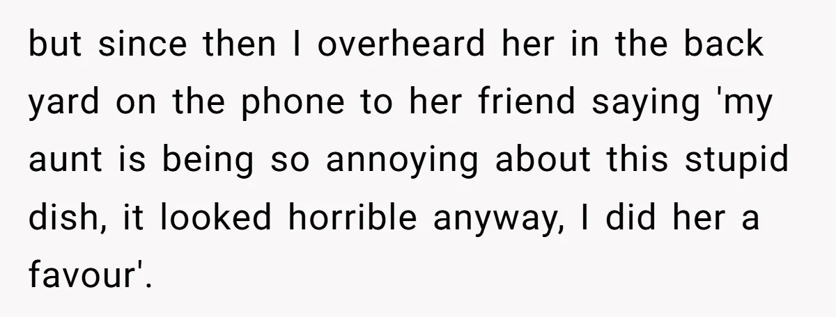 but since then I overheard her in the back yard on the phone to her friend saying 'my aunt is being so annoying about this stupid dish, it looked horrible...