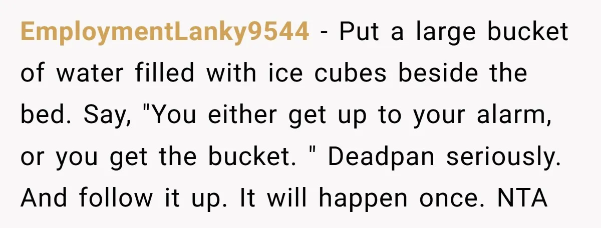 EmploymentLanky9544 − Put a large bucket of water filled with ice cubes beside the bed. Say, "You either get up to your alarm, or you get the bucket. " Deadpan...