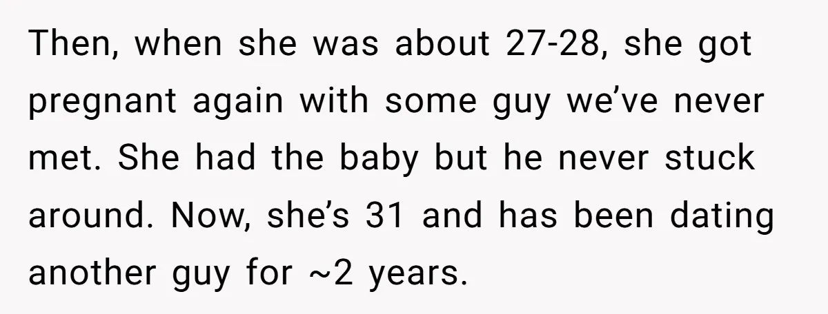 Then, when she was about 27-28, she got pregnant again with some guy we’ve never met. She had the baby but he never stuck around. Now, she’s 31 and has...