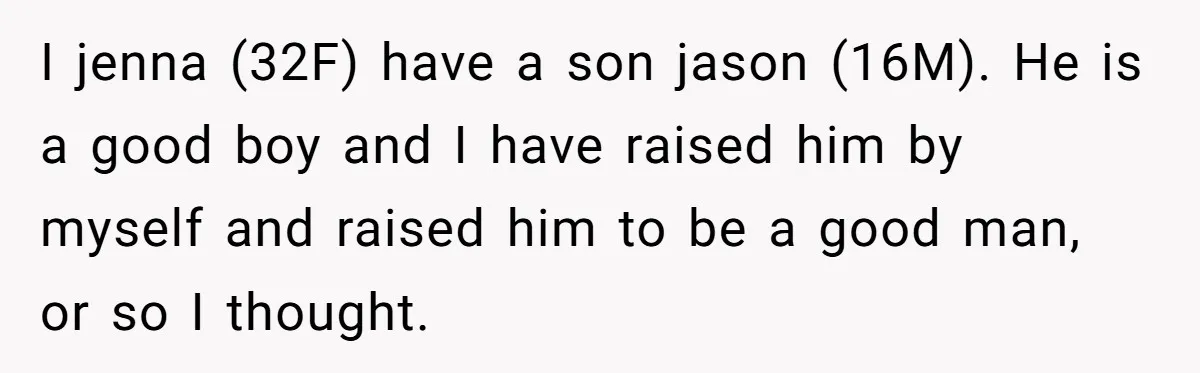I jenna (32F) have a son jason (16M). He is a good boy and I have raised him by myself and raised him to be a good man, or so...