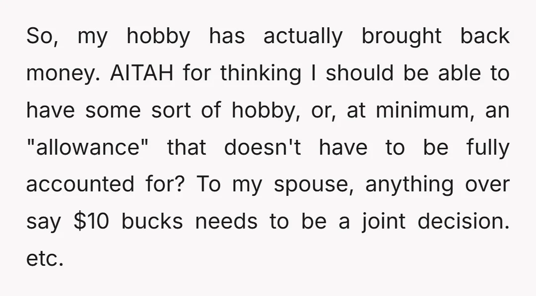 So, my hobby has actually brought back money. AITAH for thinking I should be able to have some sort of hobby, or, at minimum, an "allowance" that doesn't have to...