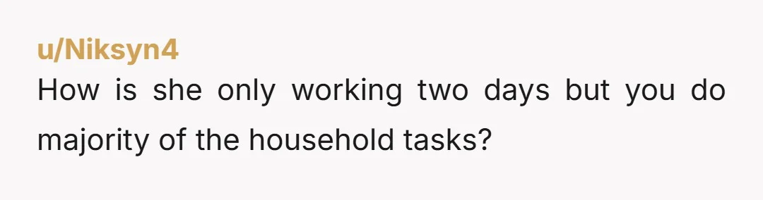 u/Niksyn4
How is she only working two days but you do majority of the household tasks?