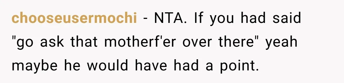 chooseusermochi − NTA. If you had said "go ask that motherf'er over there" yeah maybe he would have had a point.