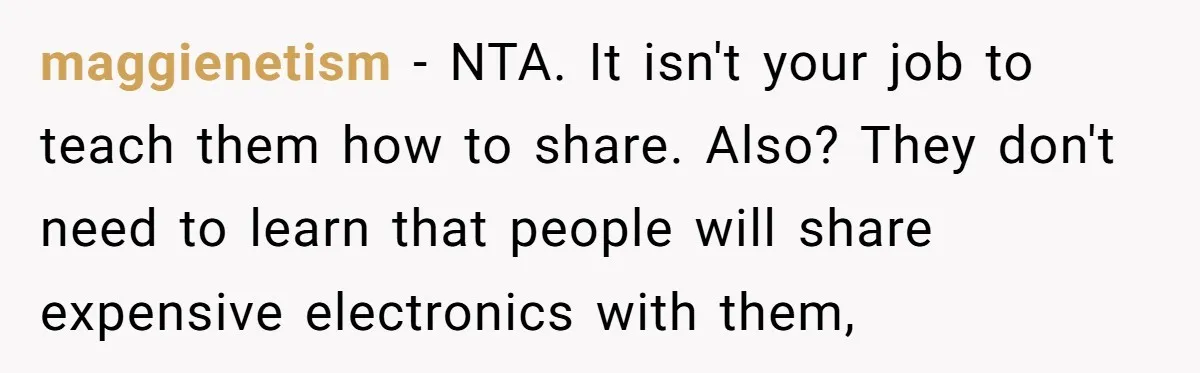 maggienetism − NTA. It isn't your job to teach them how to share. Also? They don't need to learn that people will share expensive electronics with them,