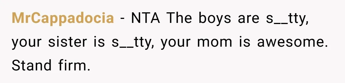 MrCappadocia − NTA The boys are s__tty, your sister is s__tty, your mom is awesome. Stand firm.