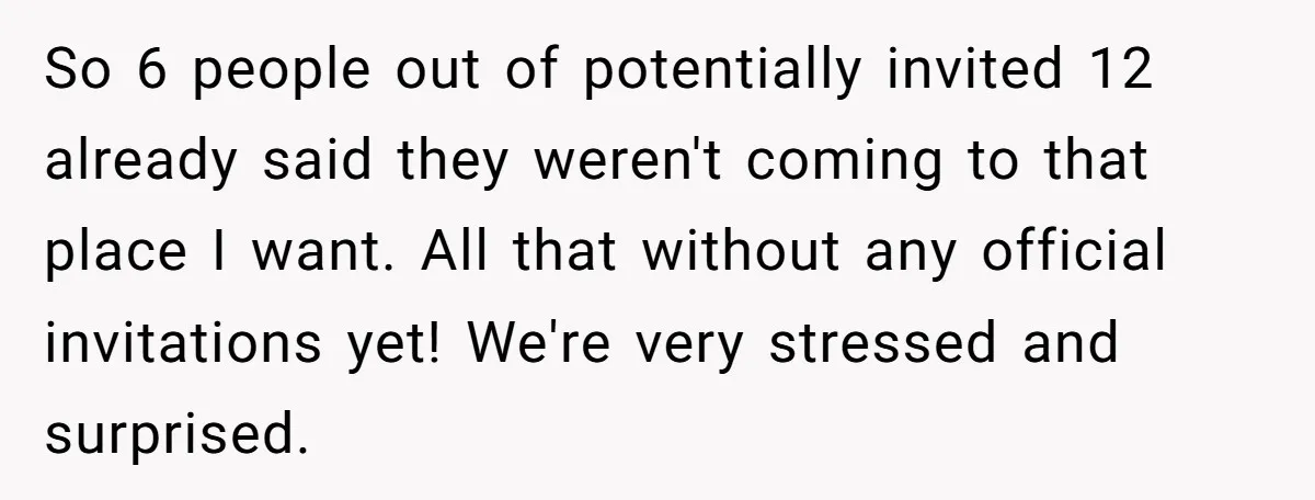 So 6 people out of potentially invited 12 already said they weren't coming to that place I want. All that without any official invitations yet! We're very stressed and surprised.