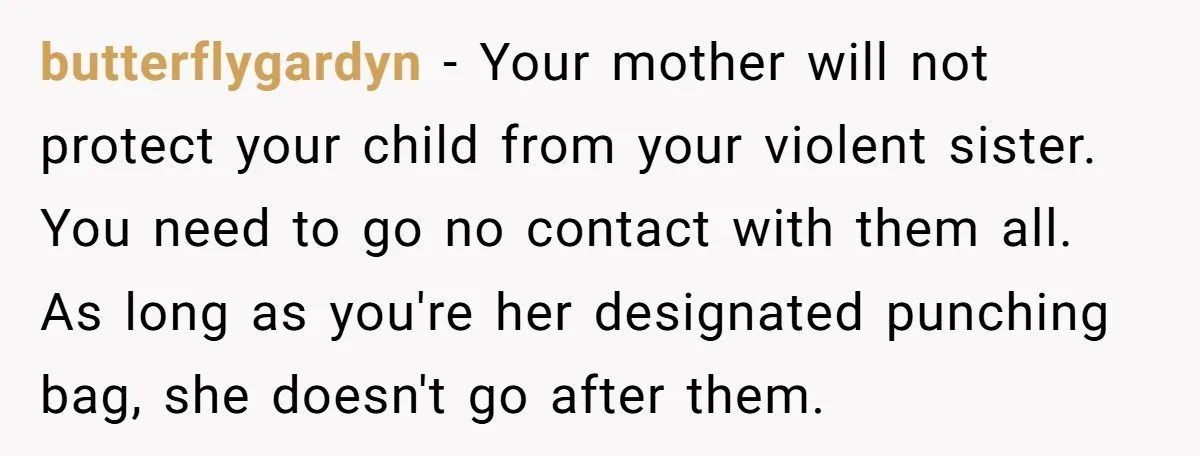 butterflygardyn − Your mother will not protect your child from your violent sister. You need to go no contact with them all. As long as you're her designated punching bag,...