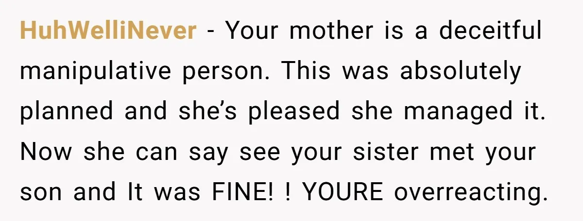HuhWelliNever − Your mother is a deceitful manipulative person. This was absolutely planned and she’s pleased she managed it. Now she can say see your sister met your son and...