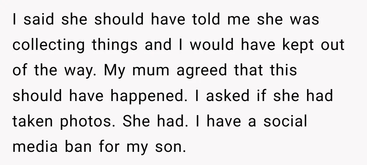 I said she should have told me she was collecting things and I would have kept out of the way. My mum agreed that this should have happened. I asked...