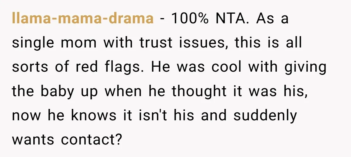 llama-mama-drama − 100% NTA. As a single mom with trust issues, this is all sorts of red flags. He was cool with giving the baby up when he thought it...