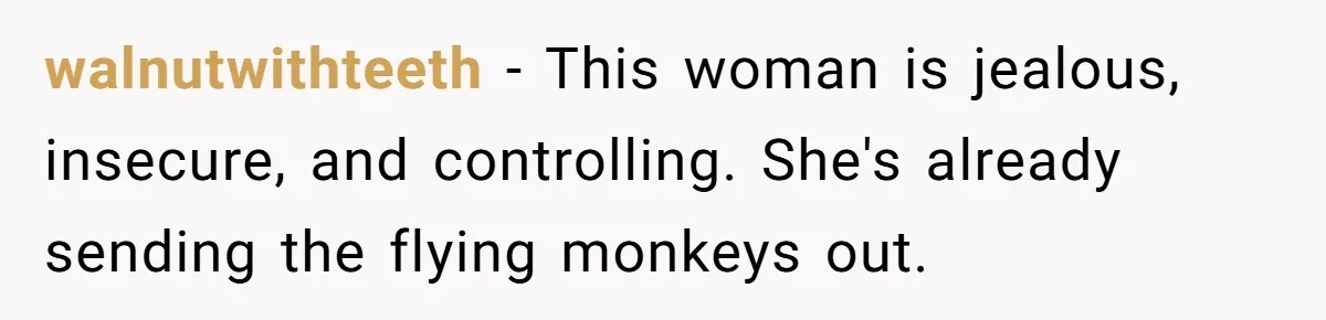walnutwithteeth − This woman is jealous, insecure, and controlling. She's already sending the flying monkeys out.