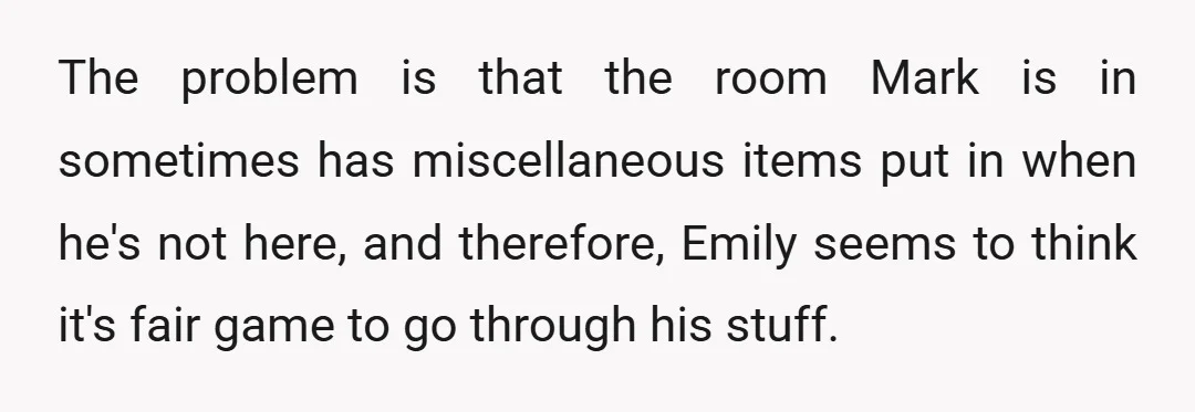 The problem is that the room Mark is in sometimes has miscellaneous items put in when he's not here, and therefore, Emily seems to think it's fair game to go...