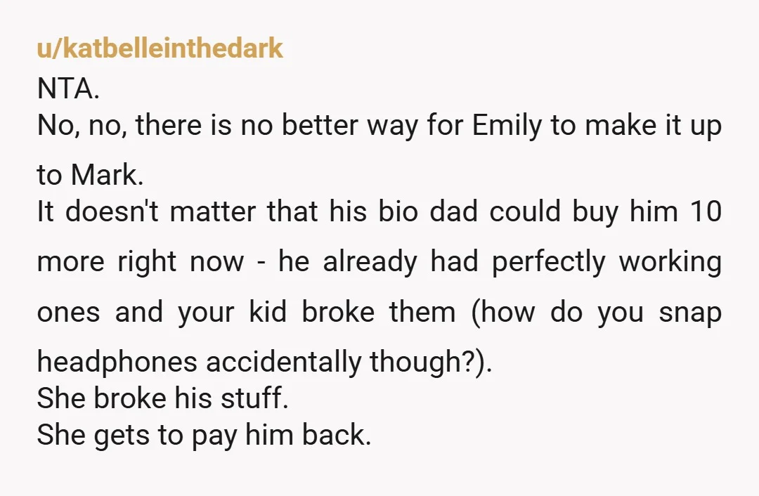 u/GeneralLei INFO: I have some questions: 1. Is this the first time that you have given Emily consequences for disrespecting Mark’s space/boundaries and ignoring you? If so, why didn’t you...