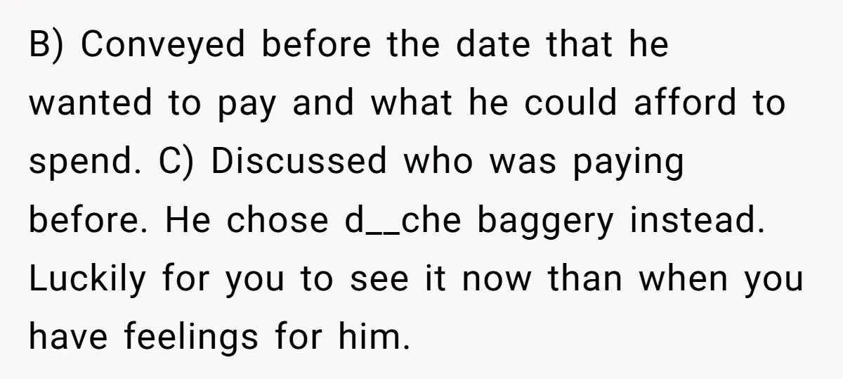 B) Conveyed before the date that he wanted to pay and what he could afford to spend. C) Discussed who was paying before. He chose d__che baggery instead. Luckily for...