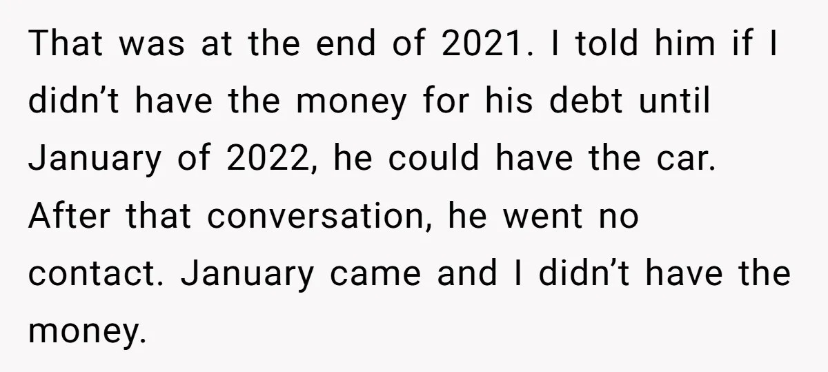That was at the end of 2021. I told him if I didn’t have the money for his debt until January of 2022, he could have the car. After that...