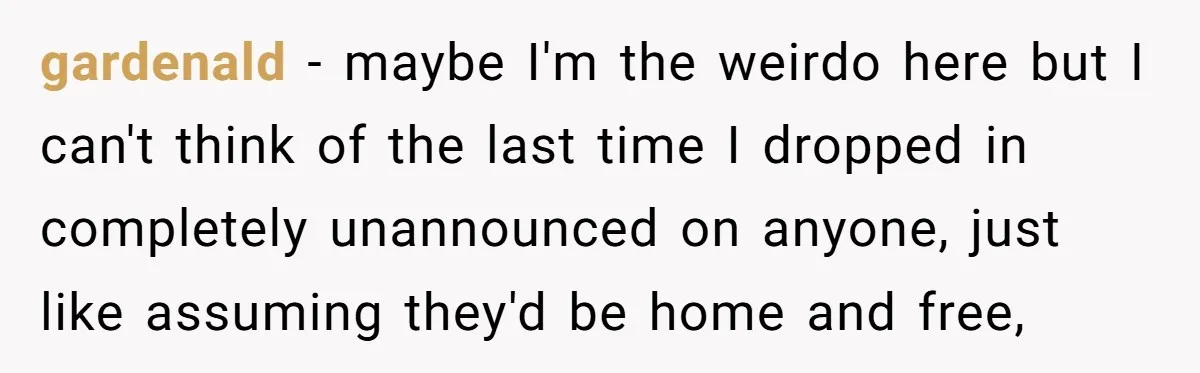 gardenald − maybe I'm the weirdo here but I can't think of the last time I dropped in completely unannounced on anyone, just like assuming they'd be home and free,