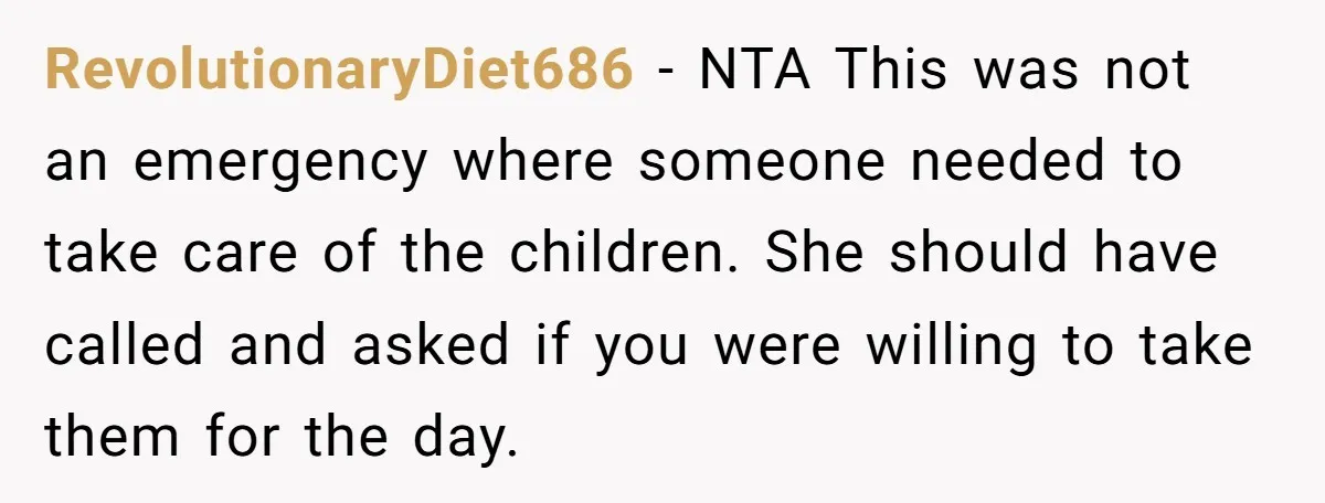 RevolutionaryDiet686 − NTA This was not an emergency where someone needed to take care of the children. She should have called and asked if you were willing to take them...