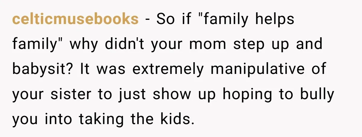 celticmusebooks − So if "family helps family" why didn't your mom step up and babysit? It was extremely manipulative of your sister to just show up hoping to bully you...