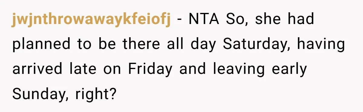 jwjnthrowawaykfeiofj − NTA So, she had planned to be there all day Saturday, having arrived late on Friday and leaving early Sunday, right?