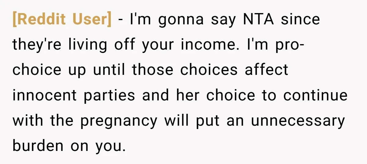 [Reddit User] − I'm gonna say NTA since they're living off your income. I'm pro-choice up until those choices affect innocent parties and her choice to continue with the pregnancy...