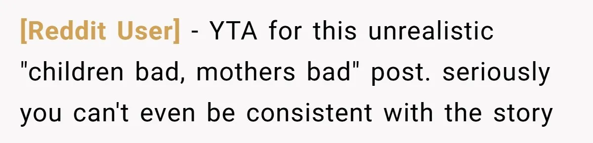 [Reddit User] − YTA for this unrealistic "children bad, mothers bad" post. seriously you can't even be consistent with the story