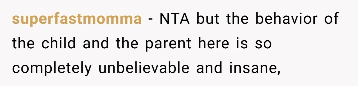 superfastmomma − NTA but the behavior of the child and the parent here is so completely unbelievable and insane,