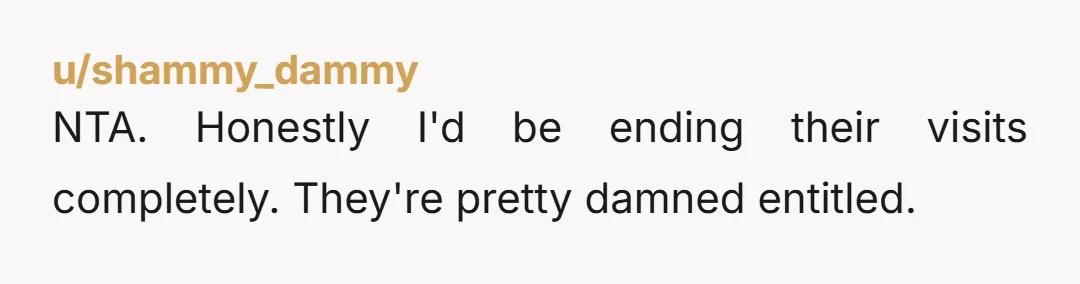 u/shammy_dammy
NTA. Honestly I'd be ending their visits completely. They're pretty damned entitled.
