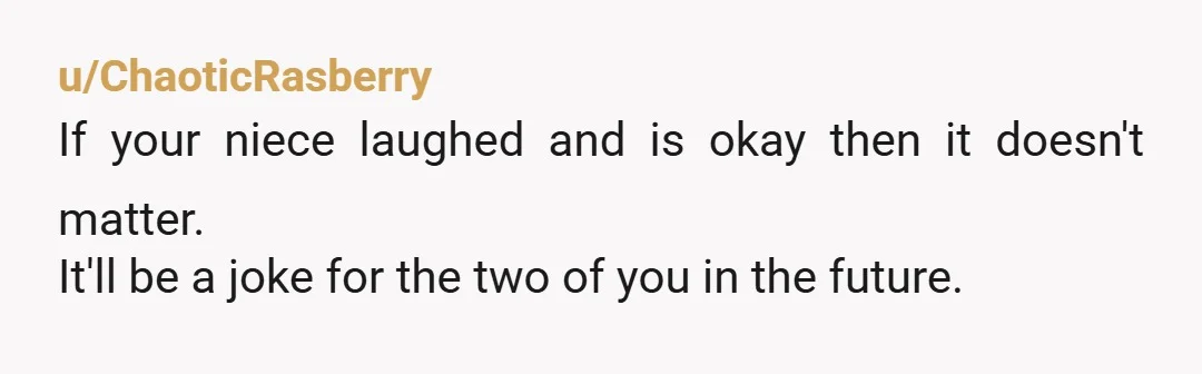 u/ChaoticRasberry If your niece laughed and is okay then it doesn't matter. It'll be a joke for the two of you in the future.