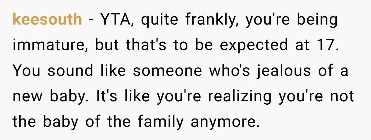 keesouth − YTA, quite frankly, you're being immature, but that's to be expected at 17. You sound like someone who's jealous of a new baby. It's like you're realizing you're...
