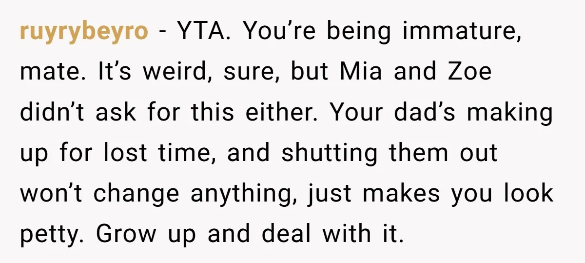 ruyrybeyro − YTA. You’re being immature, mate. It’s weird, sure, but Mia and Zoe didn’t ask for this either. Your dad’s making up for lost time, and shutting them out...