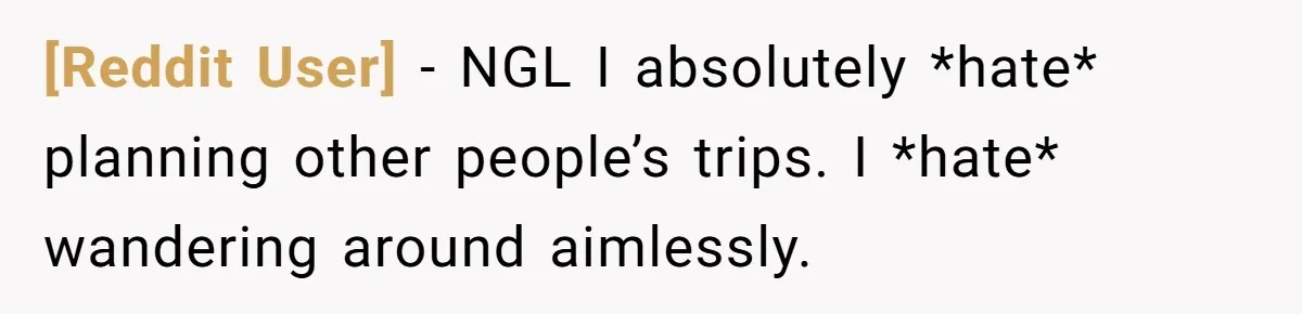 [Reddit User] − NGL I absolutely *hate* planning other people’s trips. I *hate* wandering around aimlessly.