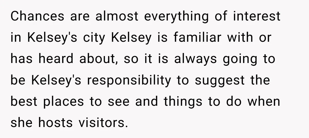 Chances are almost everything of interest in Kelsey's city Kelsey is familiar with or has heard about, so it is always going to be Kelsey's responsibility to suggest the best...