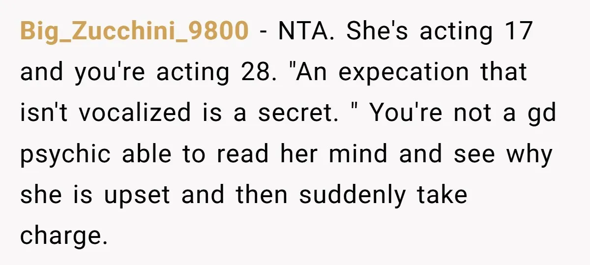 Big_Zucchini_9800 − NTA. She's acting 17 and you're acting 28. "An expecation that isn't vocalized is a secret. " You're not a gd psychic able to read her mind and...