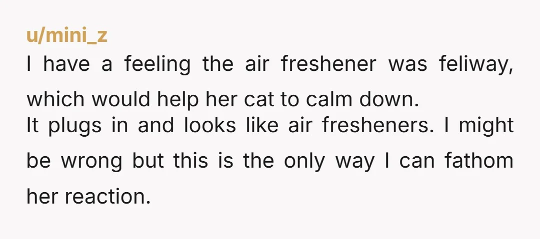 u/mini_z I have a feeling the air freshener was feliway, which would help her cat to calm down. It plugs in and looks like air fresheners. I might be wrong...