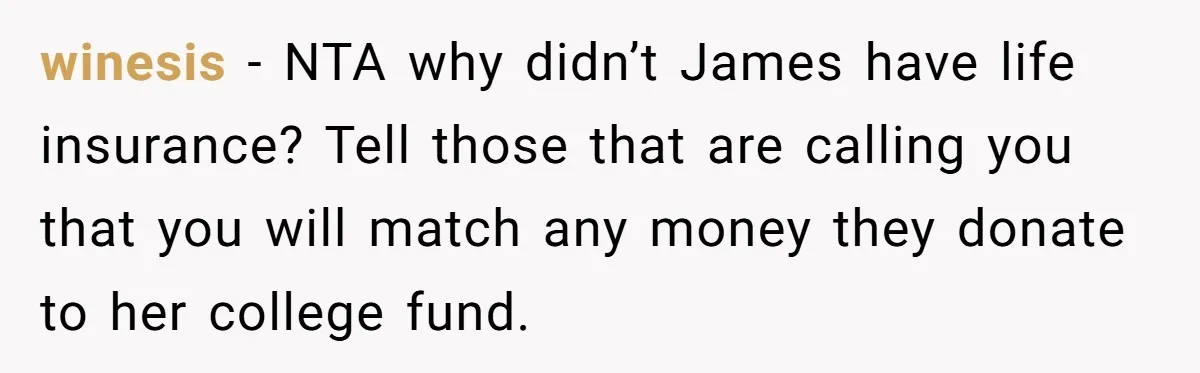 winesis − NTA why didn’t James have life insurance? Tell those that are calling you that you will match any money they donate to her college fund.