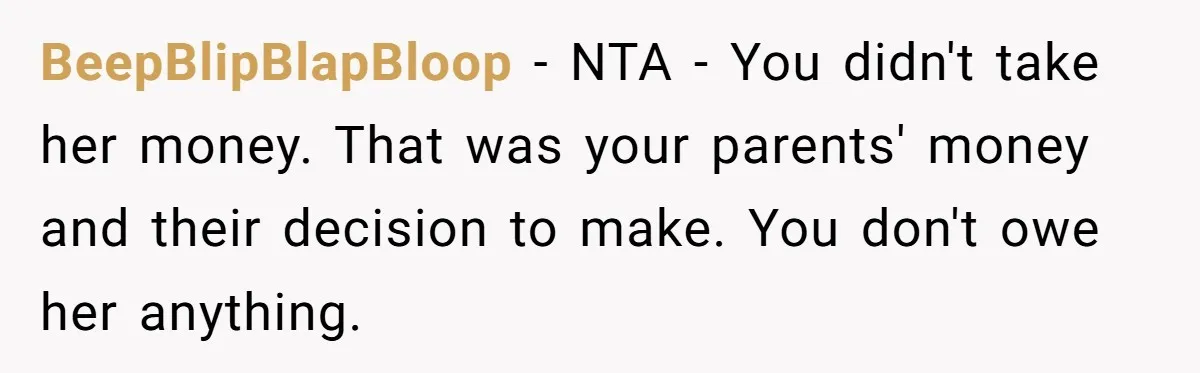 BeepBlipBlapBloop − NTA - You didn't take her money. That was your parents' money and their decision to make. You don't owe her anything.