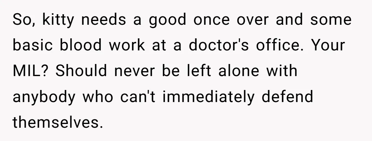 So, kitty needs a good once over and some basic blood work at a doctor's office. Your MIL? Should never be left alone with anybody who can't immediately defend themselves.