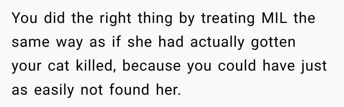 You did the right thing by treating MIL the same way as if she had actually gotten your cat killed, because you could have just as easily not found her.