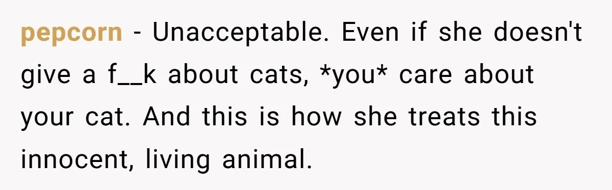 pepcorn − Unacceptable. Even if she doesn't give a f__k about cats, *you* care about your cat. And this is how she treats this innocent, living animal.