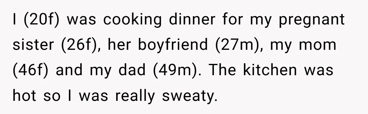 I (20f) was cooking dinner for my pregnant sister (26f), her boyfriend (27m), my mom (46f) and my dad (49m). The kitchen was hot so I was really sweaty.