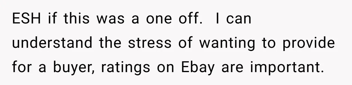 ESH if this was a one off. I can understand the stress of wanting to provide for a buyer, ratings on Ebay are important.