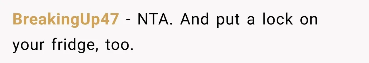 BreakingUp47 − NTA. And put a lock on your fridge, too.
