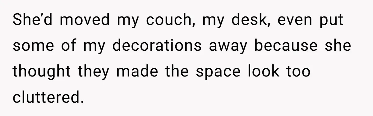 She’d moved my couch, my desk, even put some of my decorations away because she thought they made the space look too cluttered.