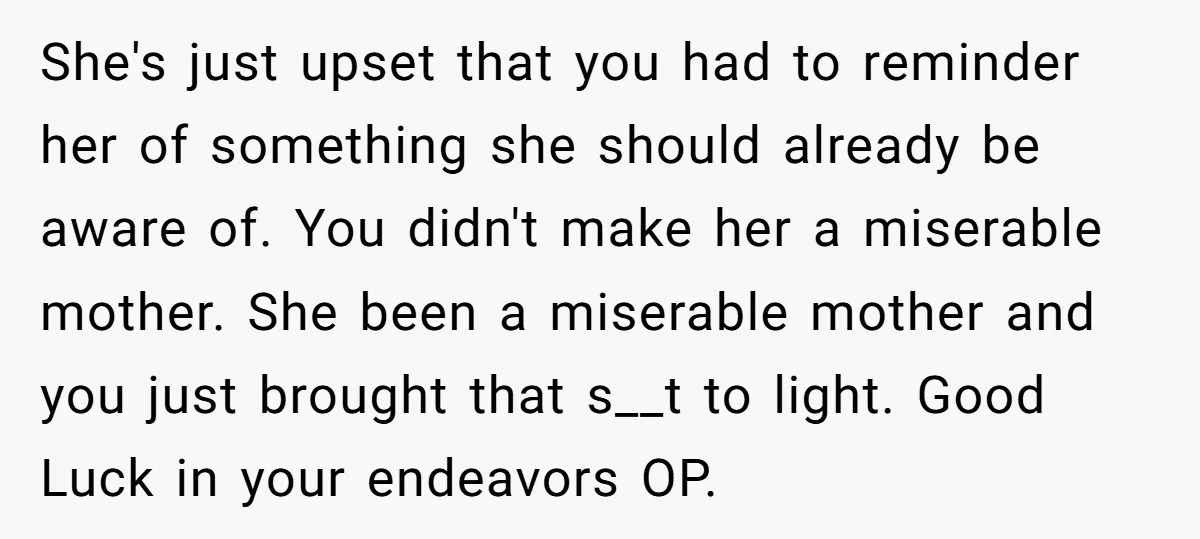 She's just upset that you had to reminder her of something she should already be aware of. You didn't make her a miserable mother. She been a miserable mother and...
