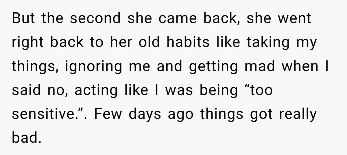 But the second she came back, she went right back to her old habits like taking my things, ignoring me and getting mad when I said no, acting like I...