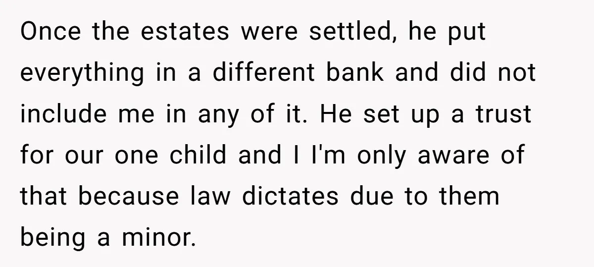 Once the estates were settled, he put everything in a different bank and did not include me in any of it. He set up a trust for our one child...