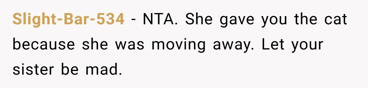 Slight-Bar-534 − NTA. She gave you the cat because she was moving away. Let your sister be mad.
