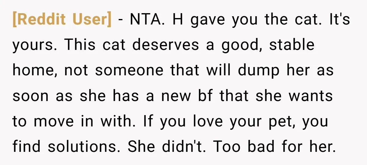 [Reddit User] − NTA. H gave you the cat. It's yours. This cat deserves a good, stable home, not someone that will dump her as soon as she has a...