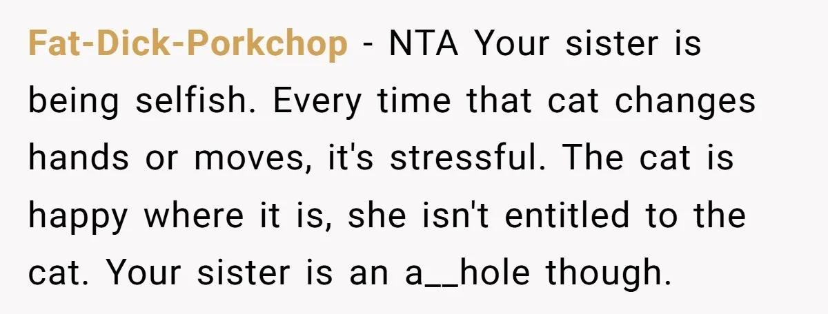 Fat-Dick-Porkchop − NTA Your sister is being selfish. Every time that cat changes hands or moves, it's stressful. The cat is happy where it is, she isn't entitled to the...