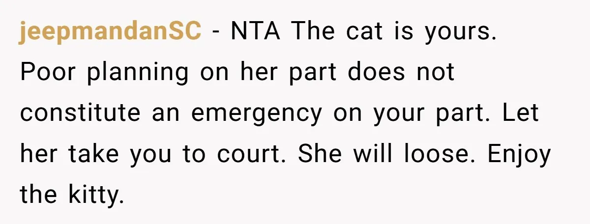 jeepmandanSC − NTA The cat is yours. Poor planning on her part does not constitute an emergency on your part. Let her take you to court. She will loose. Enjoy...